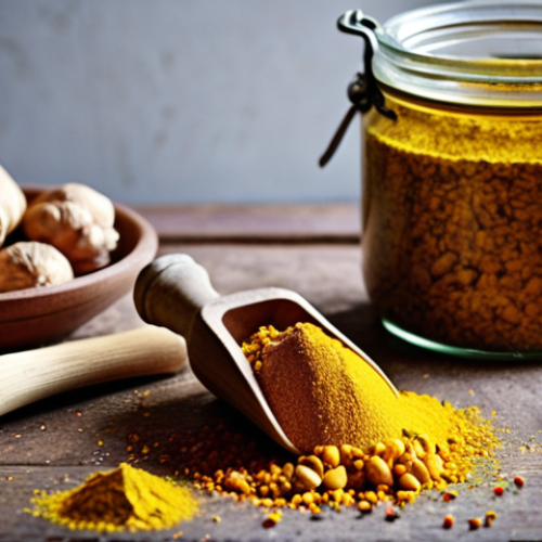 **

A vibrant and inviting kitchen scene featuring common German pantry staples known for their anti-inflammatory properties. Focus on:

*   **Foreground:** A small bowl filled with vibrant yellow turmeric powder next to a mortar and pestle. Whole peppercorns are scattered around. A piece of fresh ginger root and several cloves of garlic are nearby.
*   **Background:** Jars of Leinsamen (flax seeds) and Walnüsse (walnuts). Maybe a bottle of hochwertiges Olivenöl (high-quality olive oil).
*   **Style:** Warm, inviting, and slightly rustic.  Focus on highlighting the natural colors and textures of the ingredients. Lighting should be bright and natural.

**