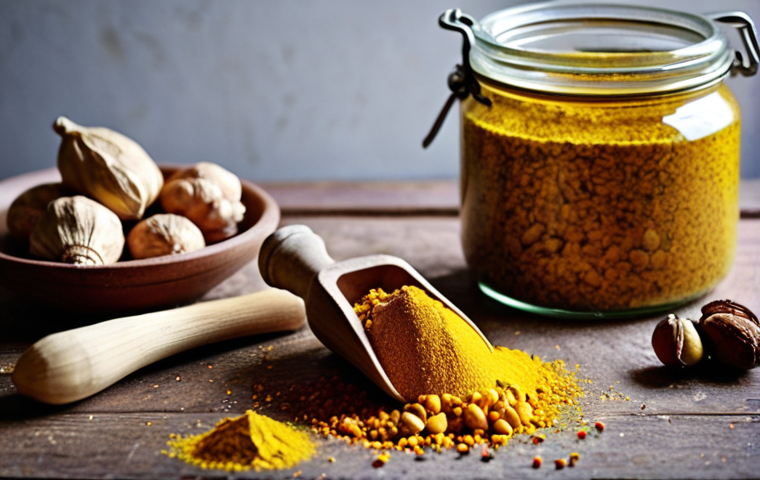 **

A vibrant and inviting kitchen scene featuring common German pantry staples known for their anti-inflammatory properties. Focus on:

*   **Foreground:** A small bowl filled with vibrant yellow turmeric powder next to a mortar and pestle. Whole peppercorns are scattered around. A piece of fresh ginger root and several cloves of garlic are nearby.
*   **Background:** Jars of Leinsamen (flax seeds) and Walnüsse (walnuts). Maybe a bottle of hochwertiges Olivenöl (high-quality olive oil).
*   **Style:** Warm, inviting, and slightly rustic.  Focus on highlighting the natural colors and textures of the ingredients. Lighting should be bright and natural.

**