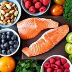 **

A vibrant and colorful flat lay featuring a variety of anti-inflammatory foods: fresh berries (strawberries, blueberries, raspberries), leafy green vegetables (spinach, kale), broccoli florets, bell peppers (red, yellow, orange), a halved avocado, a bottle of olive oil, a handful of mixed nuts (almonds, walnuts), and a fillet of salmon. The arrangement should look appetizing and visually appealing. Focus on the freshness and natural colors of the ingredients.

**