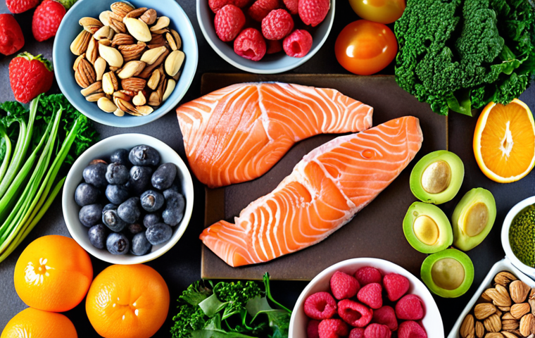 **

A vibrant and colorful flat lay featuring a variety of anti-inflammatory foods: fresh berries (strawberries, blueberries, raspberries), leafy green vegetables (spinach, kale), broccoli florets, bell peppers (red, yellow, orange), a halved avocado, a bottle of olive oil, a handful of mixed nuts (almonds, walnuts), and a fillet of salmon. The arrangement should look appetizing and visually appealing. Focus on the freshness and natural colors of the ingredients.

**