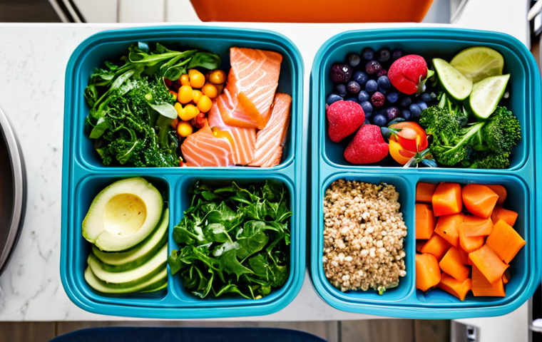 Colorful and Healthy Meal Prep**

"A vibrant and inviting image showcasing a variety of colorful, fresh, and fully clothed, family-friendly, anti-inflammatory foods prepared as part of a healthy meal prep routine. Include ingredients like berries, leafy greens, salmon, nuts, and colorful vegetables arranged in reusable containers. The setting is a bright, modern kitchen in Germany, emphasizing natural light and a clean, organized workspace. Focus on the visual appeal of the fresh ingredients and their arrangement. safe for work, appropriate content, perfect anatomy, correct proportions, natural pose, well-formed hands, proper finger count, natural body proportions, high quality, professional photography."

**