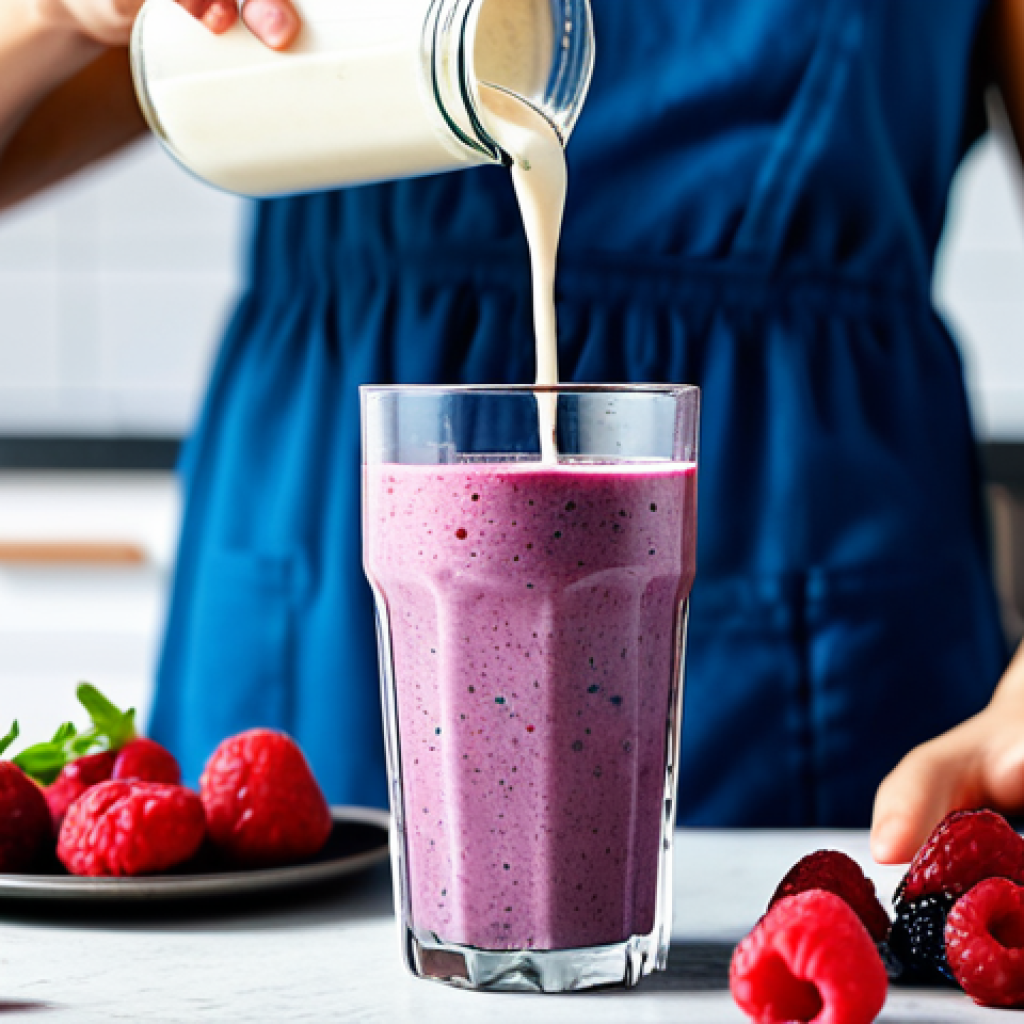 항염증 식단을 위한 건강 간식 아이디어 - **

A vibrant close-up shot of a berry smoothie being poured into a glass. Ingredients like blueberr...
