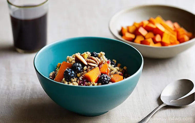 항염증 식단에서의 탄수화물 비율 조절 - **"The Carbohydrate Choice: A Balanced Feast"**
    A bright, inviting kitchen setting with warm, na...