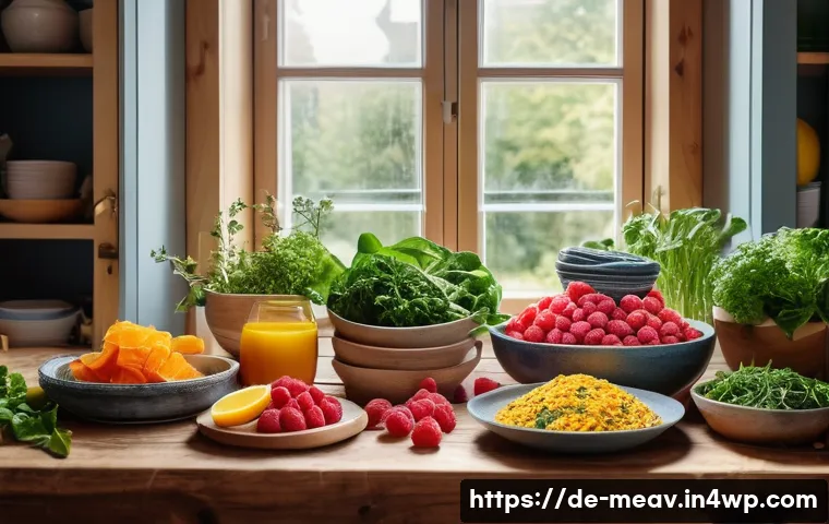 항염증 식단 초보자 가이드 - A vibrant and colorful kitchen scene showcasing a diverse spread of anti-inflammatory foods on a woo...