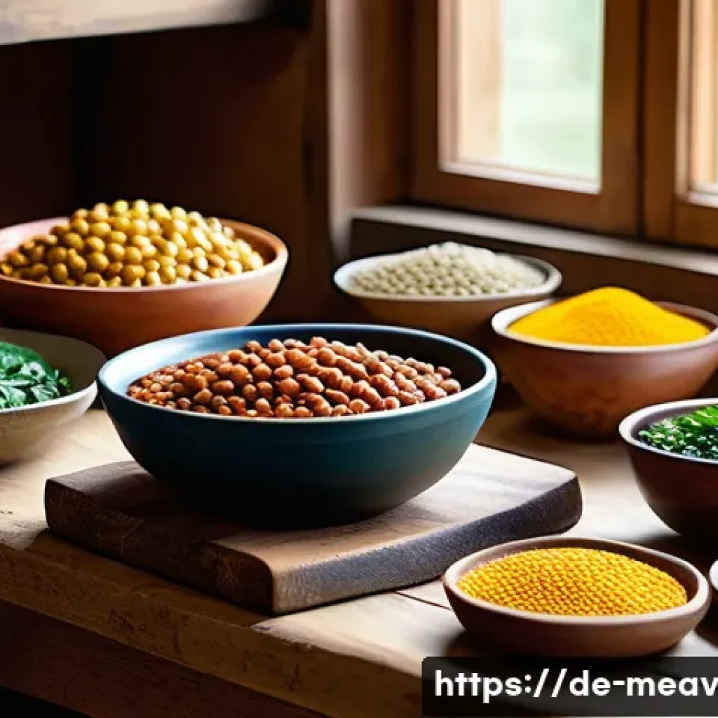 항염증 식단을 위한 고기 대체 식품 - A vibrant, rustic kitchen scene featuring a variety of colorful plant-based ingredients prominently ...