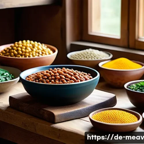 항염증 식단을 위한 고기 대체 식품 - A vibrant, rustic kitchen scene featuring a variety of colorful plant-based ingredients prominently ...