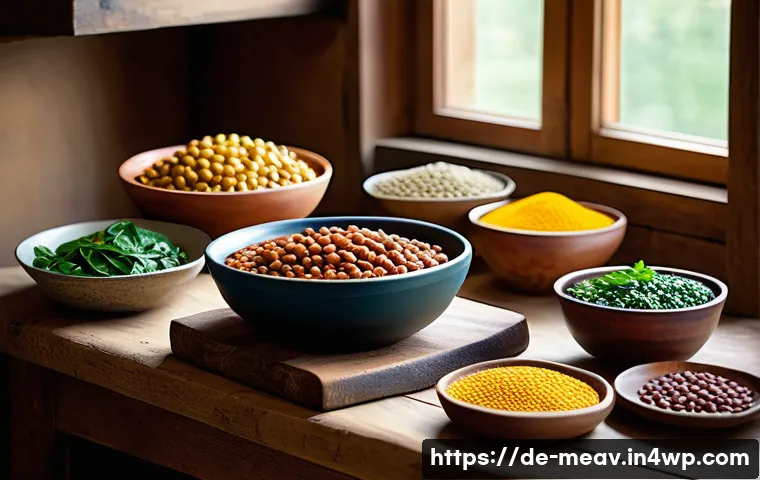 항염증 식단을 위한 고기 대체 식품 - A vibrant, rustic kitchen scene featuring a variety of colorful plant-based ingredients prominently ...