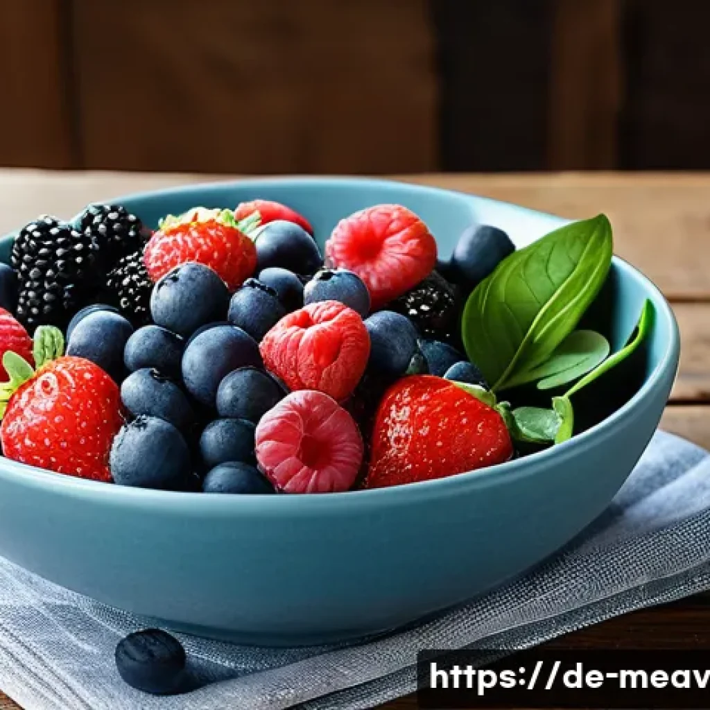 항염증 식단과 질병 예방 가능성 - A vibrant, colorful bowl of mixed fresh berries including blueberries, raspberries, and strawberries...