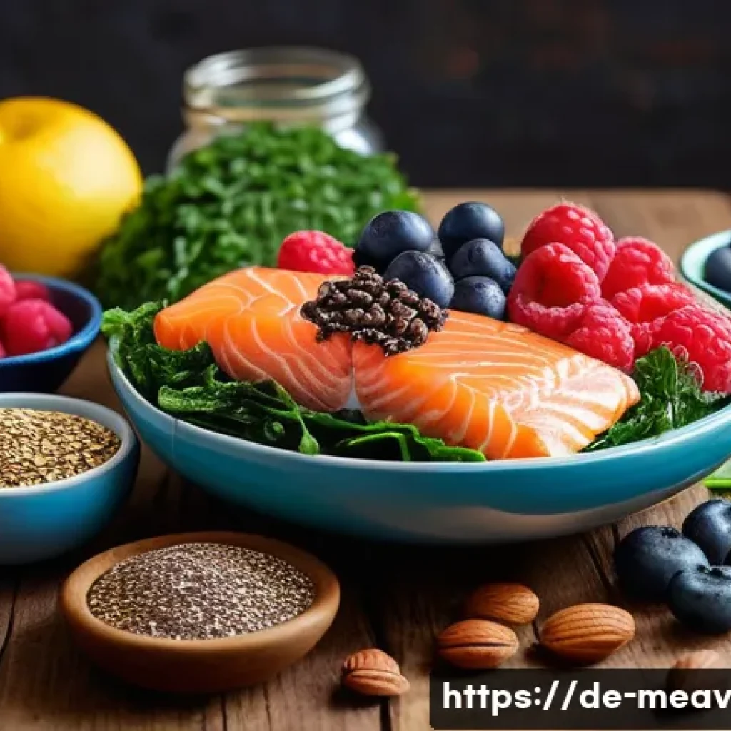 항염증 식단과 뇌 건강의 상관관계 - A vibrant, detailed still life composition showcasing a variety of brain-healthy foods rich in antio...