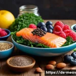 항염증 식단과 뇌 건강의 상관관계 - A vibrant, detailed still life composition showcasing a variety of brain-healthy foods rich in antio...