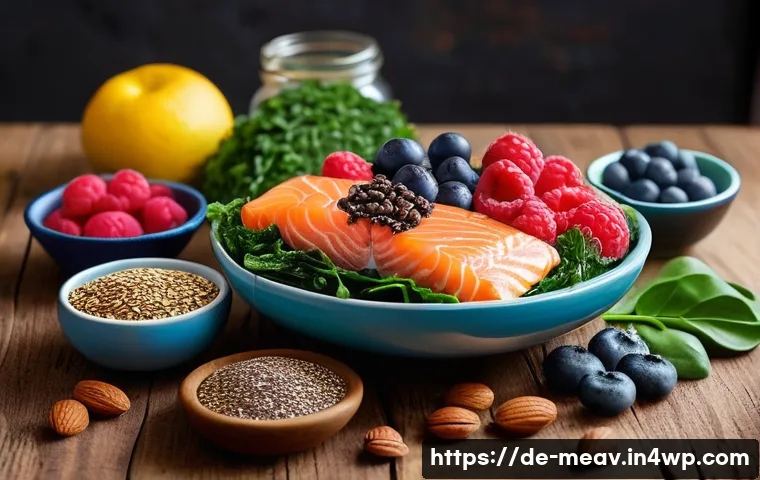 항염증 식단과 뇌 건강의 상관관계 - A vibrant, detailed still life composition showcasing a variety of brain-healthy foods rich in antio...