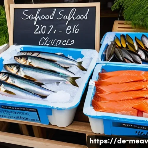 항염증 식단을 위한 해산물 요리법 - A vibrant, close-up scene of a sustainable seafood market stall in Germany, showcasing fresh Atlanti...