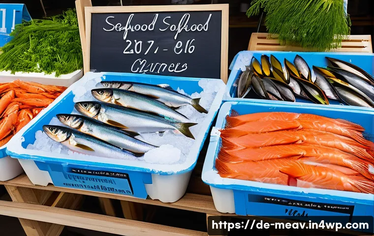 항염증 식단을 위한 해산물 요리법 - A vibrant, close-up scene of a sustainable seafood market stall in Germany, showcasing fresh Atlanti...