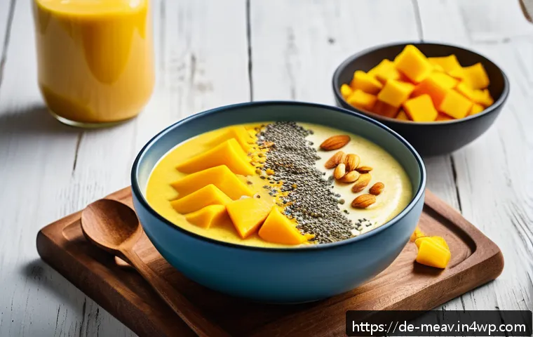 항염증 식단을 위한 스무디 레시피 - A vibrant, high-resolution image of a freshly prepared anti-inflammatory smoothie bowl placed on a r...