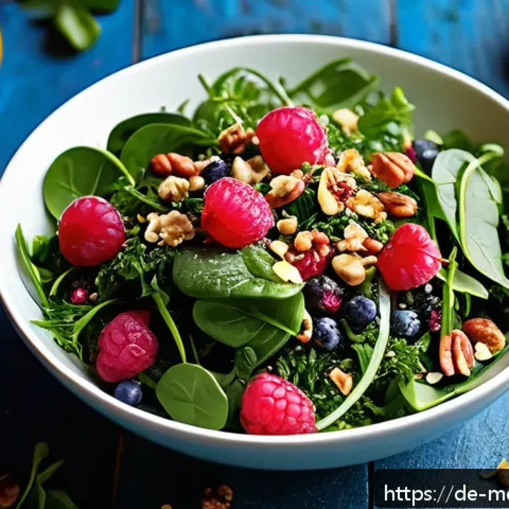 항염증 식단으로 샐러드 활용하기 - A vibrant, fresh salad bowl featuring a colorful mix of dark green leafy vegetables like spinach, ka...