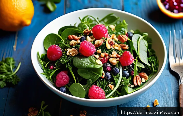 항염증 식단으로 샐러드 활용하기 - A vibrant, fresh salad bowl featuring a colorful mix of dark green leafy vegetables like spinach, ka...