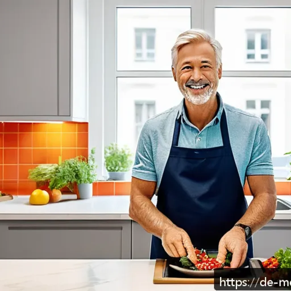 항염증 식단과 운동의 조화 찾기 - A vibrant, detailed kitchen scene in a modern German apartment, showing a middle-aged adult preparin...