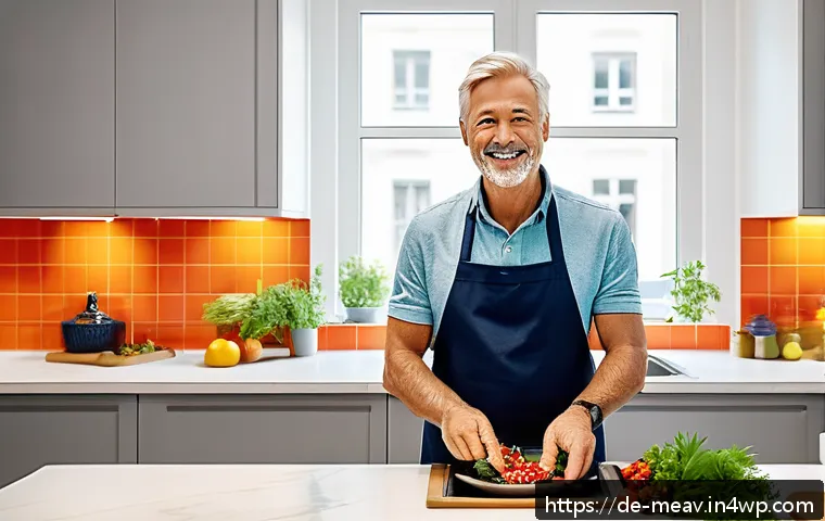 항염증 식단과 운동의 조화 찾기 - A vibrant, detailed kitchen scene in a modern German apartment, showing a middle-aged adult preparin...