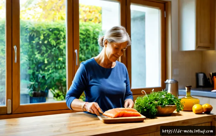 Home 17 항염증 식단과 스트레스 관리 - Photorealistic bright German home kitchen scene, a calm middle-aged woman preparing an anti-inflamma...